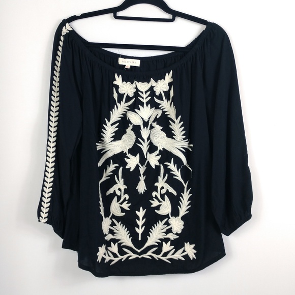 Solitaire Tops - Solitaire Embroidered Peasant Off-The-Shoulder Top
